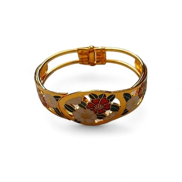 Jewelry - Vintage 1970's Enamel Cloisonne Goldtone Flower Hidden-hinge Bracelet